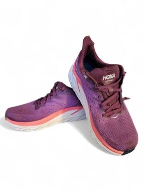 Hoka Clifton 8 Women's Running Shoes - Plum with Coral Accent